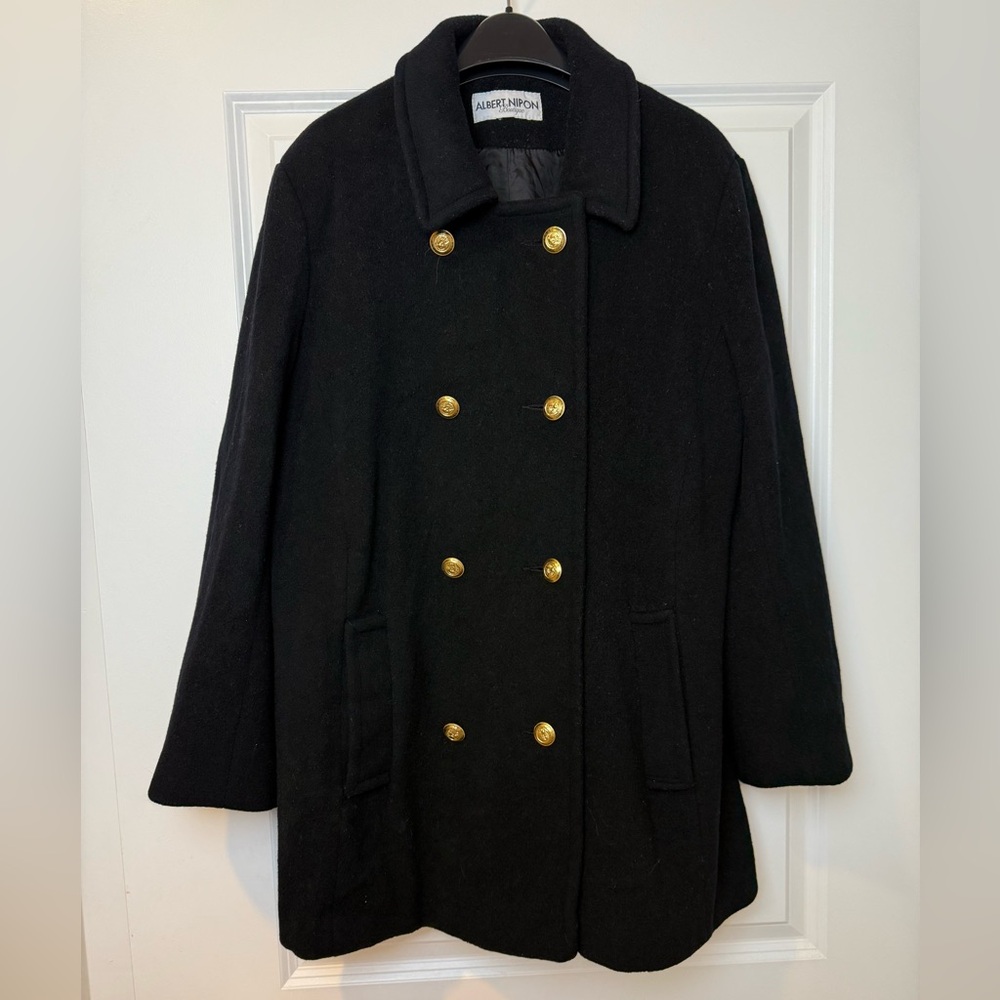 Vintage Albert Nipon Boutique 100% Wool Coat Black Gold Buttons Fits Like M‎ - L